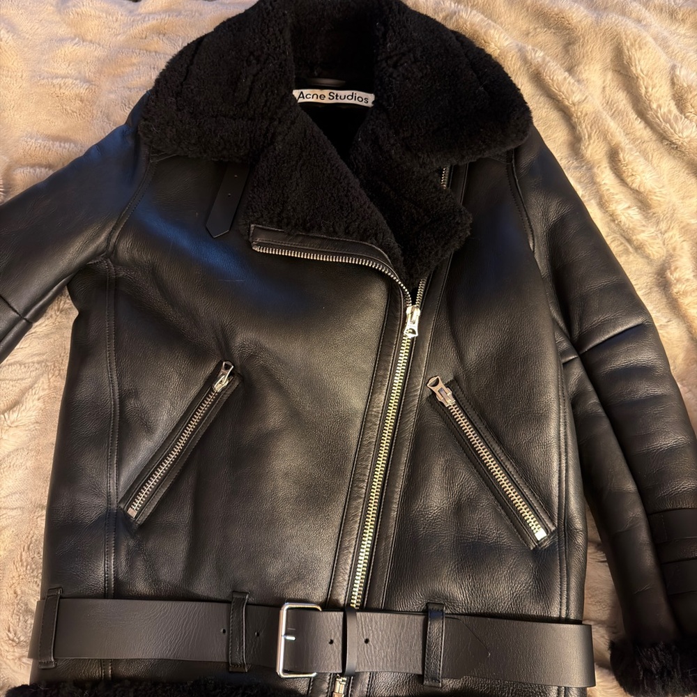 Acne Black Leather Shearling Biker Jacket